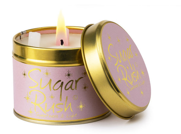 Lily-Flame Sugar Rush scented tin candle with colorful packaging and a vintage-inspired design.
