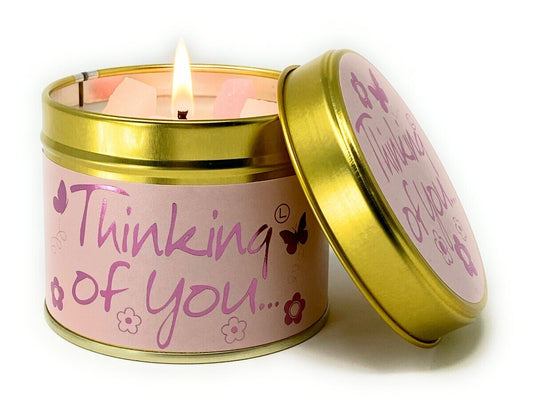 Lily-Flame Thinking of You scented tin candle with floral design, compact container, ideal for gifting or home decor.