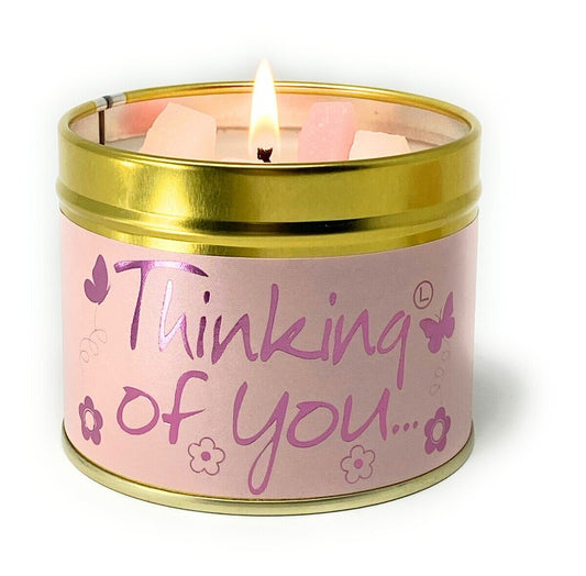 Lily-Flame Thinking of You scented tin candle with floral design and metal lid, ideal for gifting or home decor.