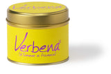 Lily-Flame Verbena scented tin candle with floral design, showing the candle inside a decorative tin container.
