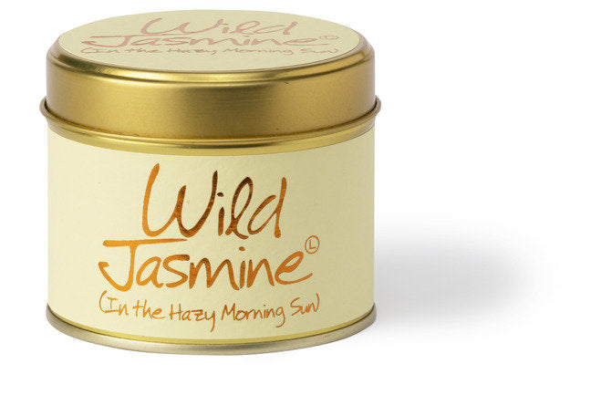 Wild Jasmine scented tin candle by Lily-Flame with a decorative floral design on the metal container.