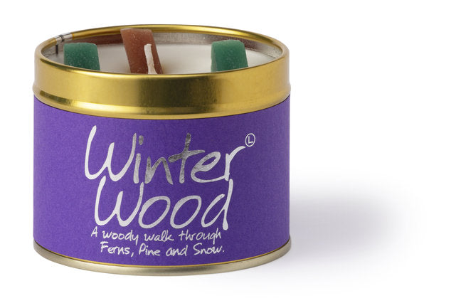Lily-Flame Winter Wood scented tin candle with a festive holiday design, perfect for cozy winter ambiance.
