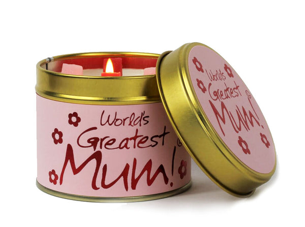 Lily-Flame World's Greatest Mum scented tin candle with floral design and warm glow, perfect for gifting or home decor.