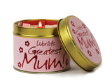 Lily-Flame World's Greatest Mum scented tin candle with floral design and warm glow, perfect for gifting or home decor.