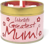 Lily-Flame World's Greatest Mum scented tin candle with decorative label and floral design, perfect for gifting.