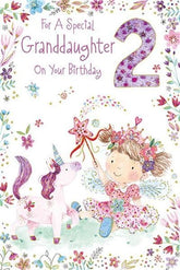 Granddaughter 2nd Birthday Card - Age 2 - Fairy Girl and Unicorn