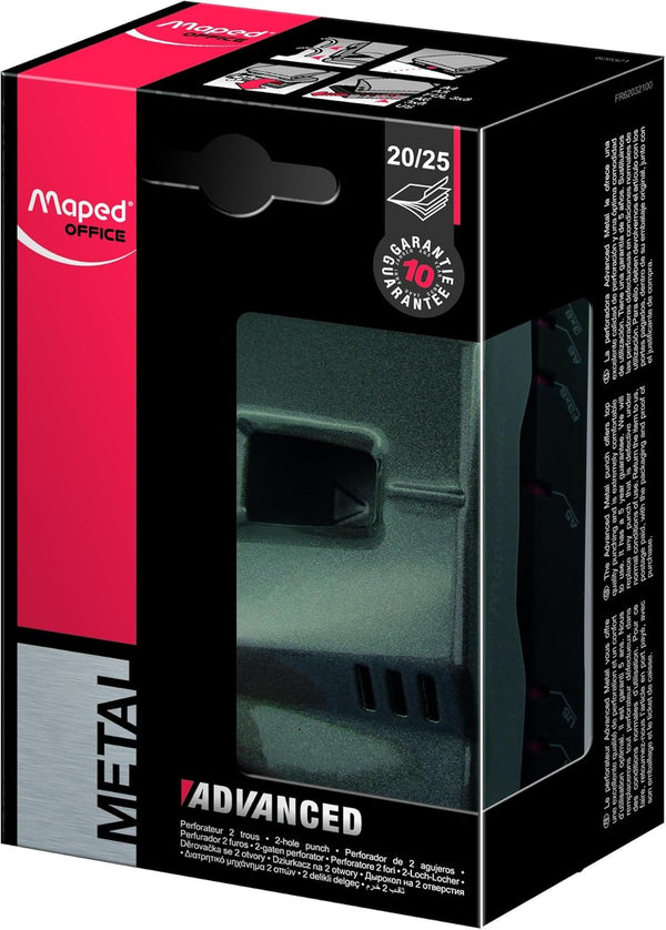 Maped Advanced Metal 2-Hole Punch in graphite, designed to punch 20/25 sheets for precise binding and office use.