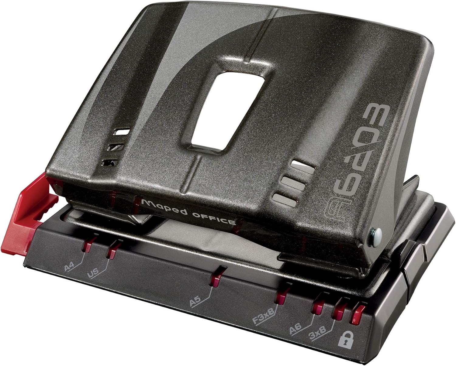 Maped Advanced Metal 2-Hole Punch in graphite, designed for punching 20/25 sheets with durable metal construction.