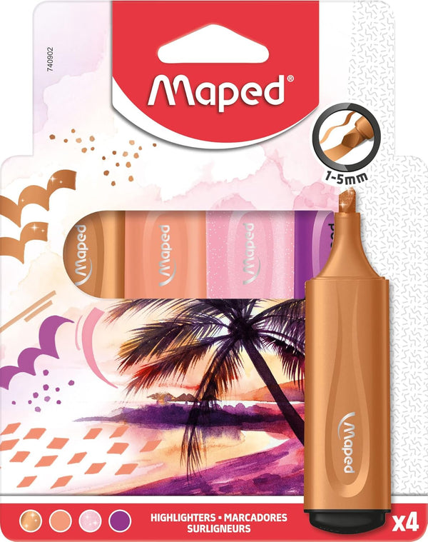 Set of four Maped assorted themed highlighters with colorful caps and bodies, ideal for highlighting notes and documents.