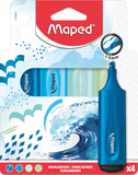Set of four Maped themed highlighters with vibrant colors and unique designs for note-taking and highlighting text.