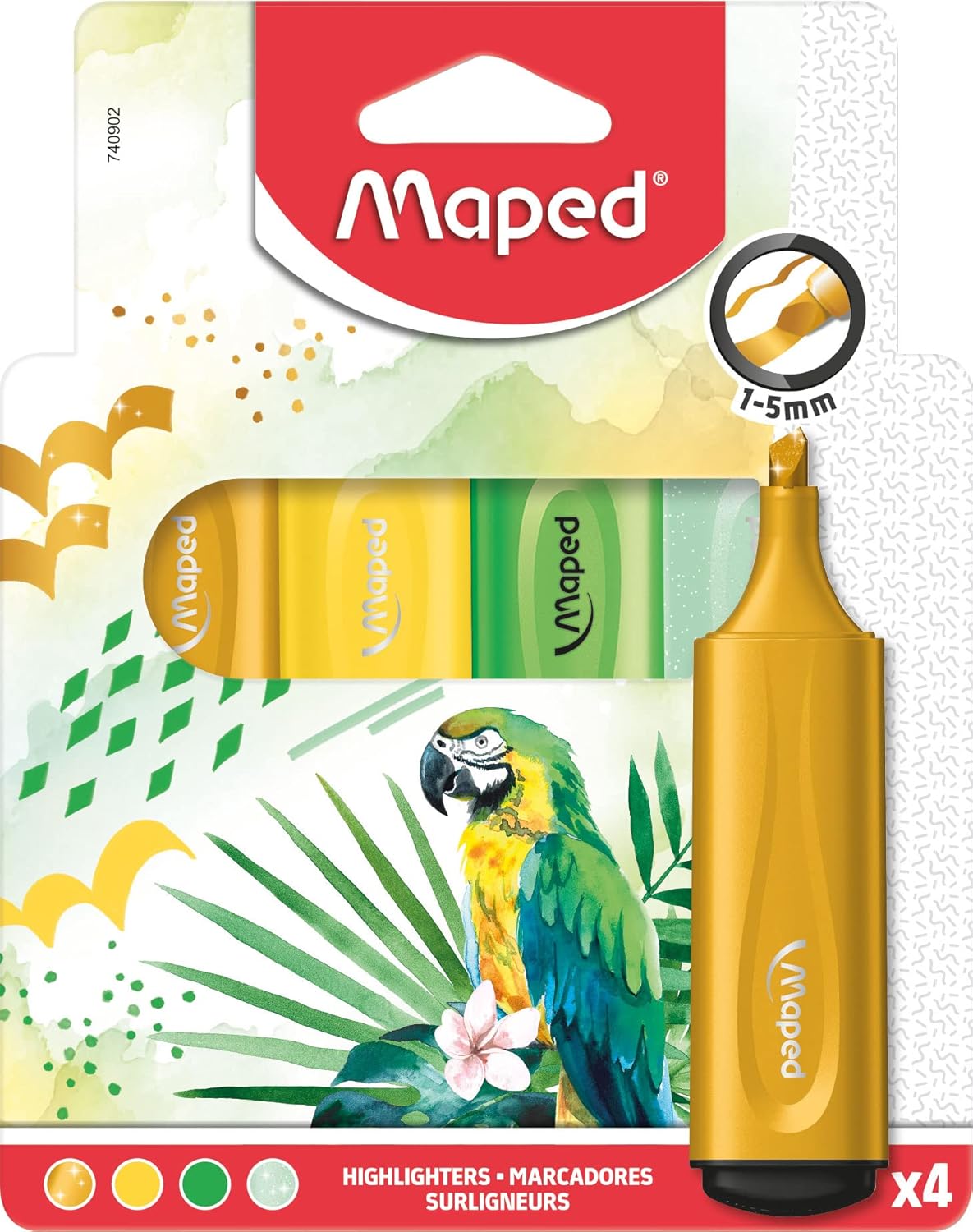 Set of four Maped assorted themed highlighters with vibrant colors and fun designs for highlighting text and notes.