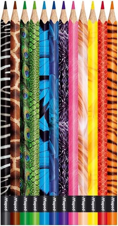 Set of 12 Maped COLOR'PEPS animal-themed coloring pencils arranged in a box, featuring vibrant colors for creative art projects.