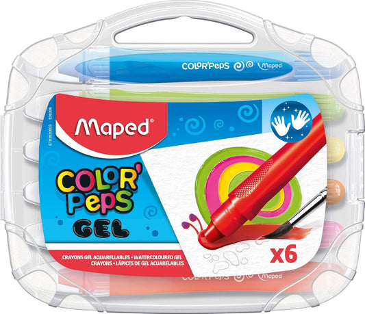 Set of six COLOR'PEPS gel crayons by Maped with vibrant colors and smooth tips for versatile drawing and coloring.