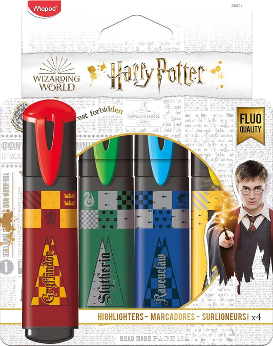 Set of four Maped Harry Potter highlighters with themed designs in vibrant colors for marking and organizing notes.