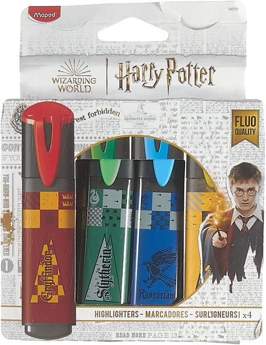 Set of four Maped Harry Potter highlighters with colorful ink and Harry Potter-themed designs on each marker.