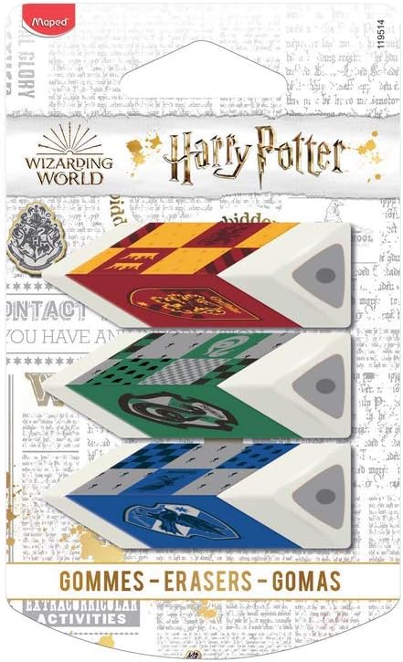 Set of three white Harry Potter pyramid erasers by Maped, featuring detailed wizard themed designs for precise erasing.