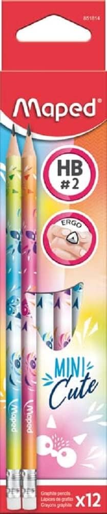 Maped graphite mini eraser with colorful designs shown on an eraser, designed for pencils with ergonomic grip and resistant HB lead.