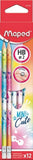 Maped graphite mini eraser with colorful designs shown on an eraser, designed for pencils with ergonomic grip and resistant HB lead.