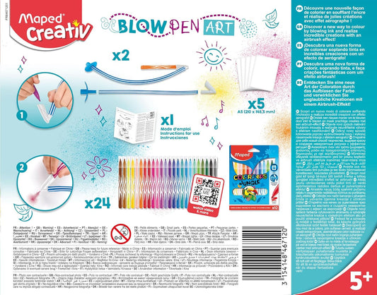 Maped Creativ Blow Art Kit with 24 felt tip pens and 2 airbrush tools for creative drawing and coloring projects.
