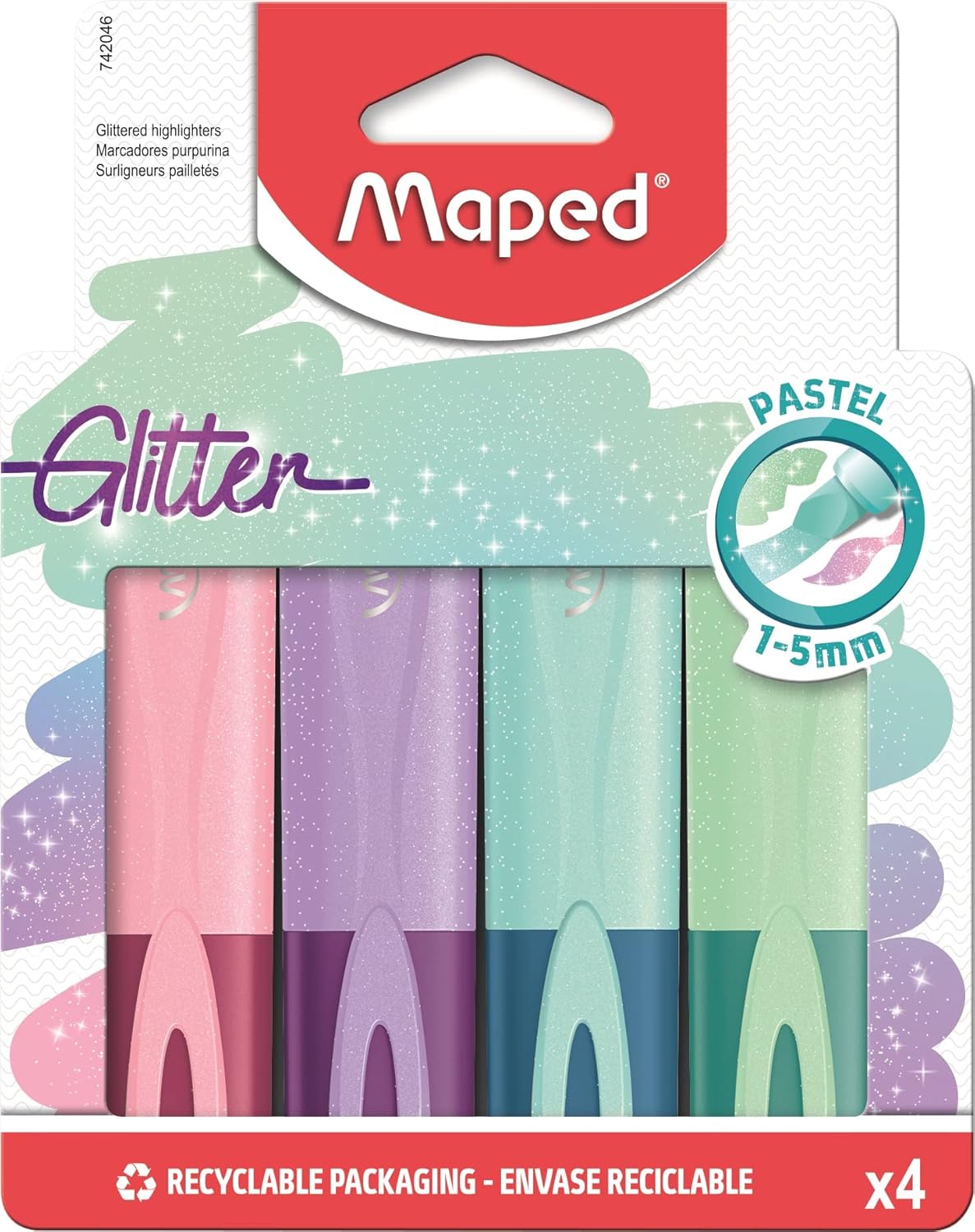 Pack of four Maped pastel glitter highlighters in assorted soft colors, ideal for highlighting and decorative writing.