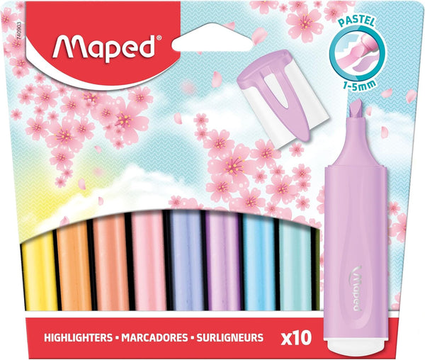 Set of 10 Maped pastel highlighters with colorful caps and chisel tips, ideal for highlighting and emphasizing text.