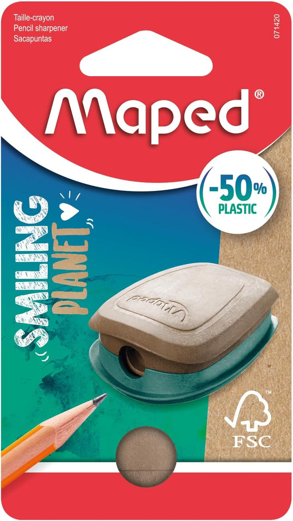 Maped smiling planet 1-hole pencil sharpener showing colorful plastic body and sharpening hole for school or office use.