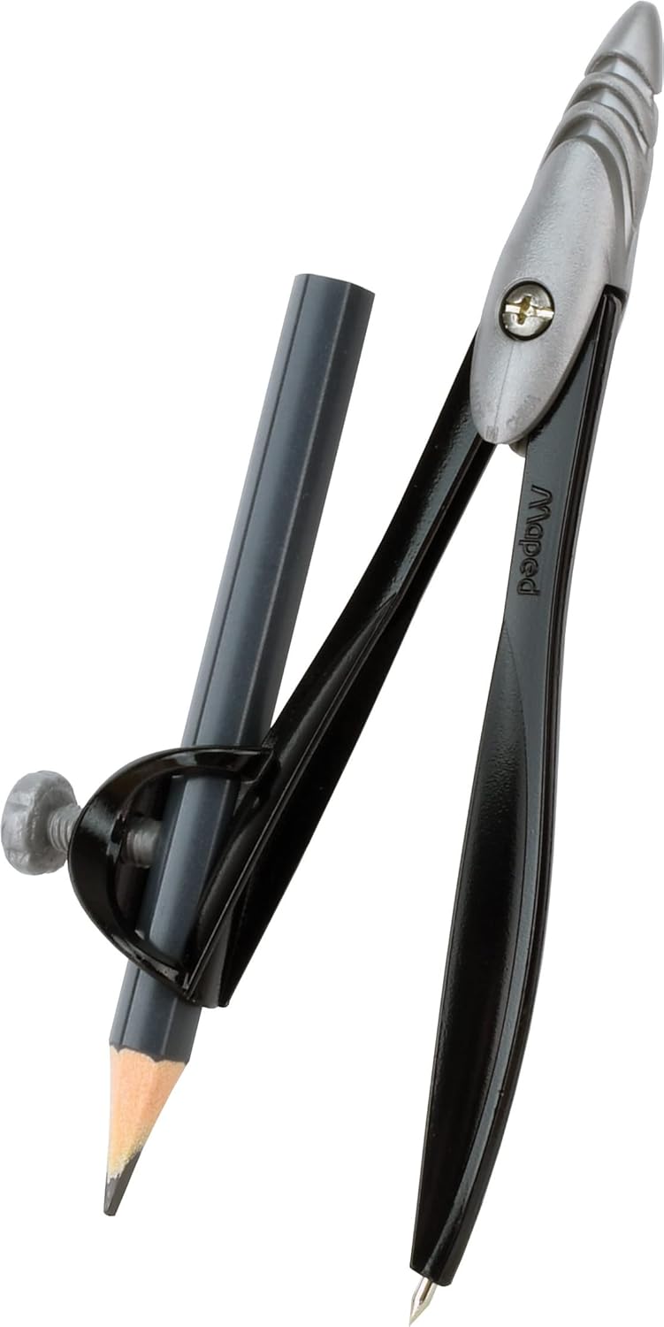 Maped Study Compass with metal points and adjustable arm for precise drawing and measuring in school and art projects.
