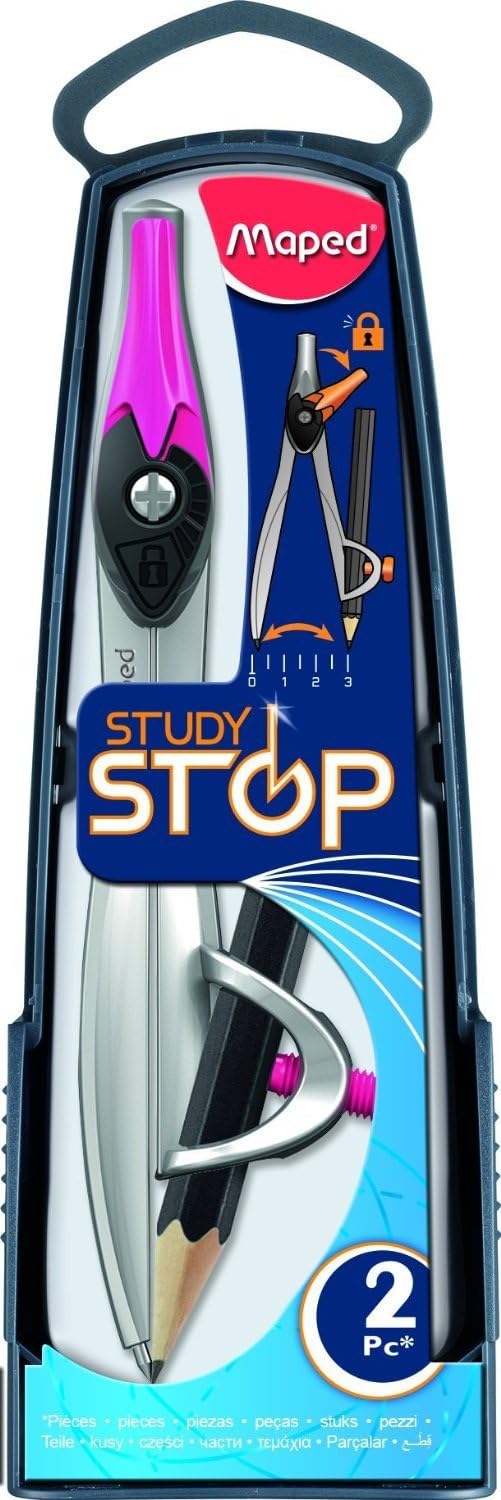 Maped Study Stop Compass with adjustable arms and metal point for precise drawing and measuring in art and math projects.