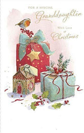 Granddaughter Traditional Red Robin and Presents Christmas Card