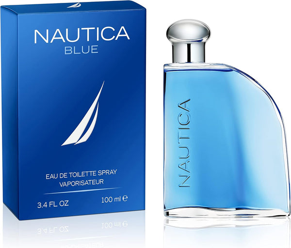 Nautica Blue men's fragrance Eau de Toilette spray 100ml, featuring sleek blue bottle and fresh, aquatic scent.