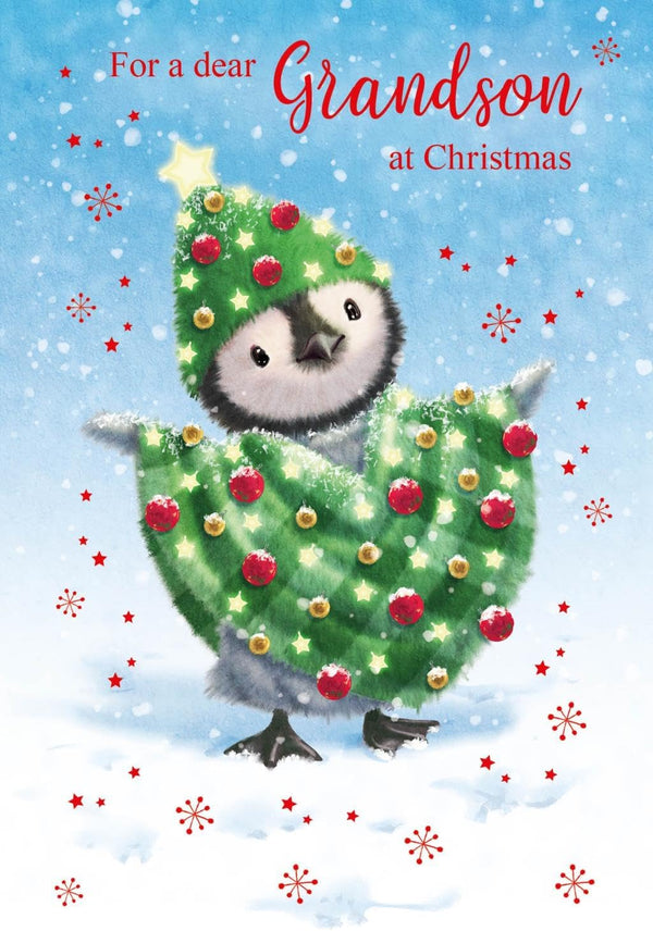 Eco-friendly Nigel Quiney Penguin Tree Christmas Card featuring a festive penguin design for grandsons, by NQ.