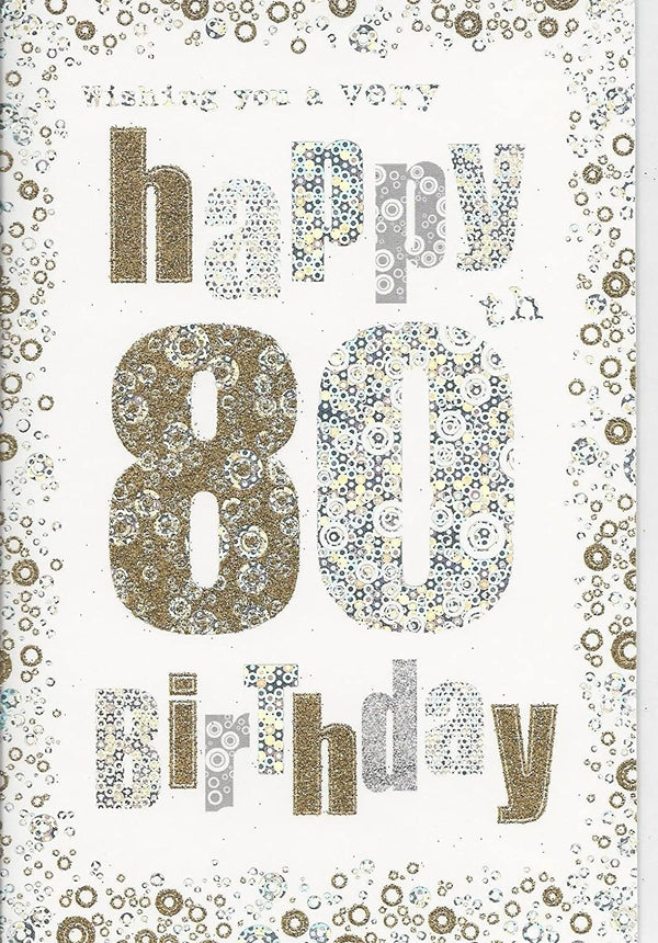 Gold and silver spots birthday greeting card for age 80 by NQ, featuring festive and elegant design elements.