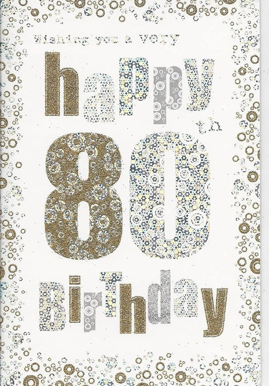 Gold and silver spots birthday greeting card for age 80 by NQ, featuring festive and elegant design elements.