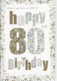 Gold and silver spots birthday greeting card for age 80 by NQ, featuring festive and elegant design elements.
