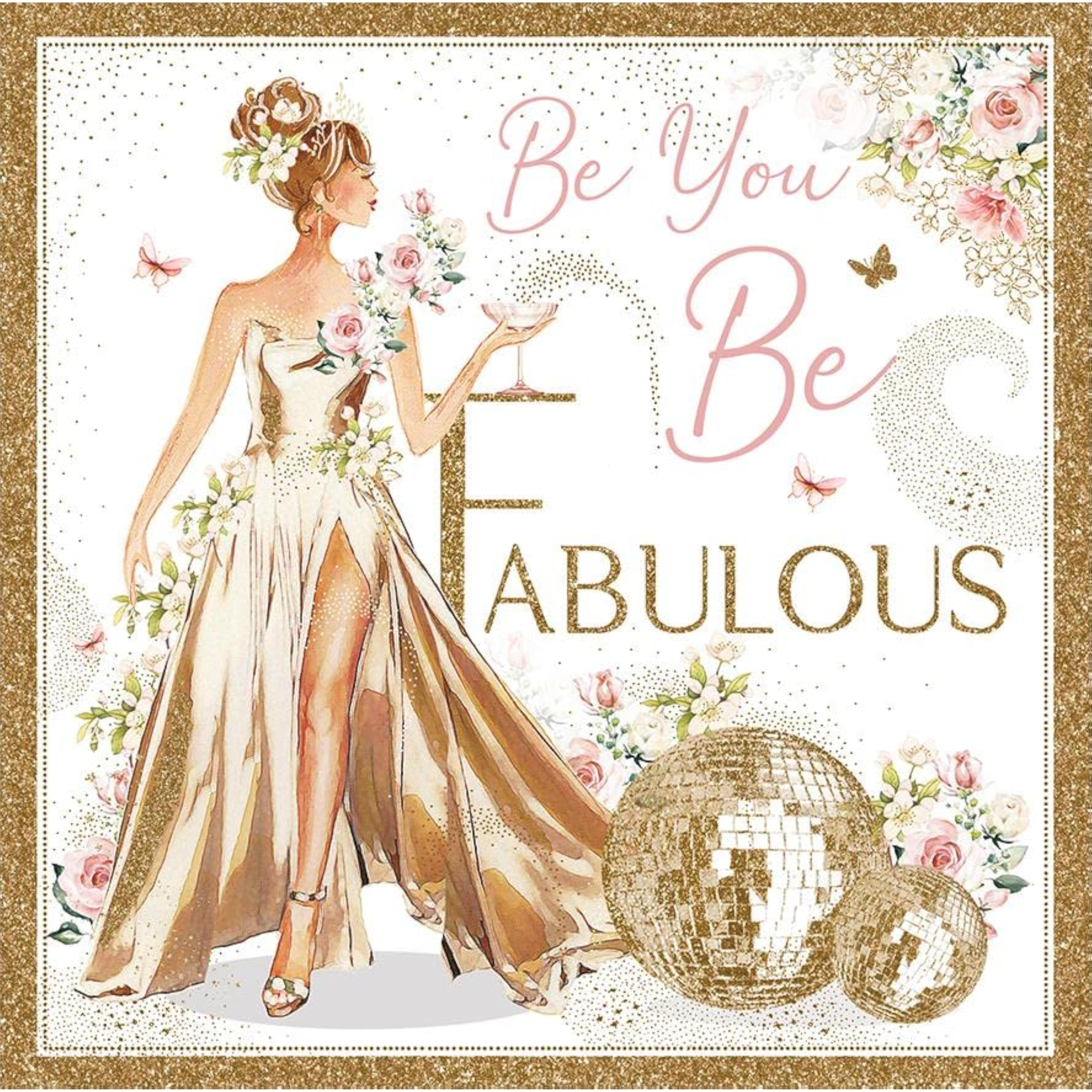 Be Fabulous lady in gold dress illustration birthday card, elegant greeting card design by NQ featuring a stylish woman in gold attire.