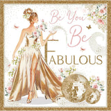 Be Fabulous lady in gold dress illustration birthday card, elegant greeting card design by NQ featuring a stylish woman in gold attire.