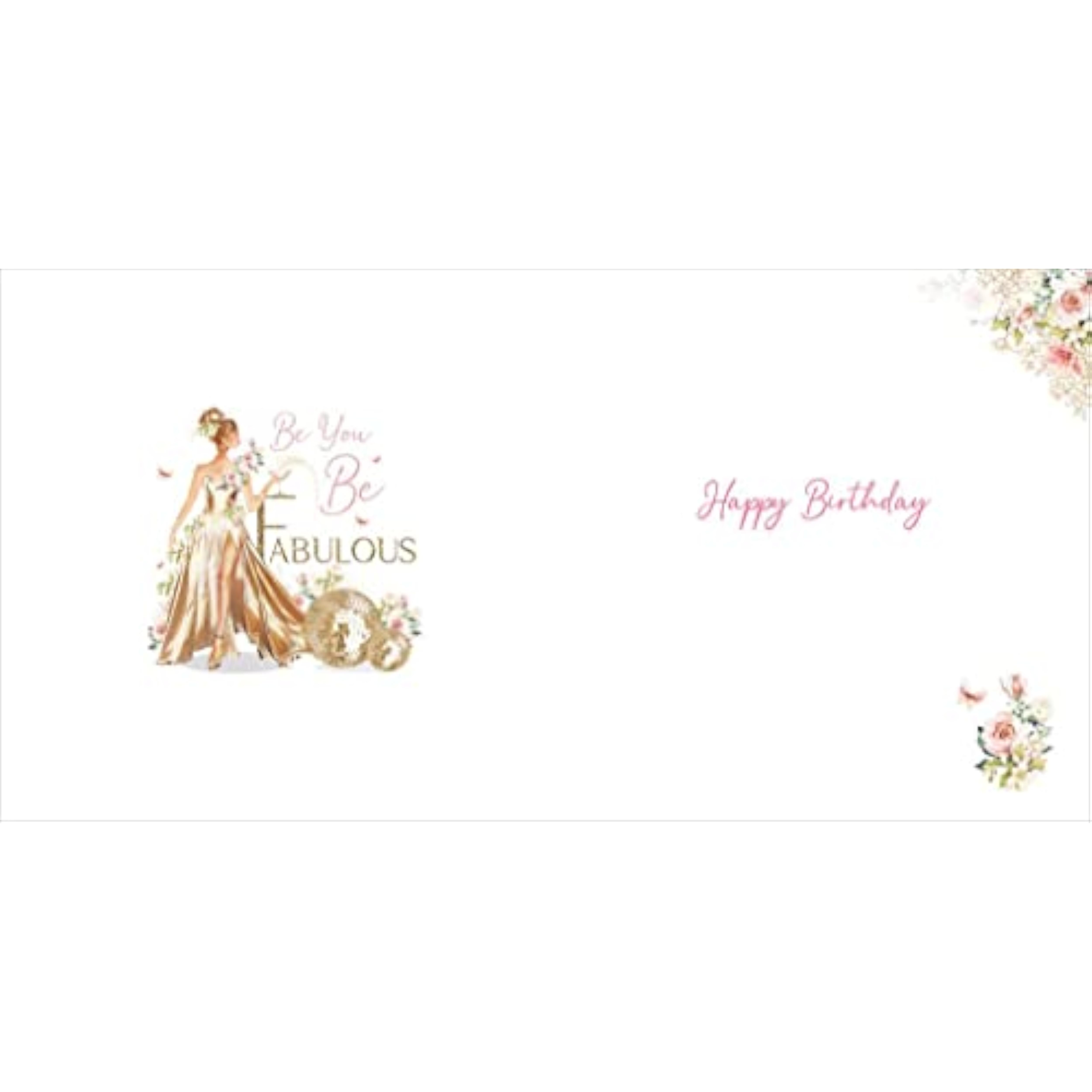 Be Fabulous Lady in Gold Dress illustration birthday greeting card by NQ, featuring a stylish woman in a glamorous gold dress.