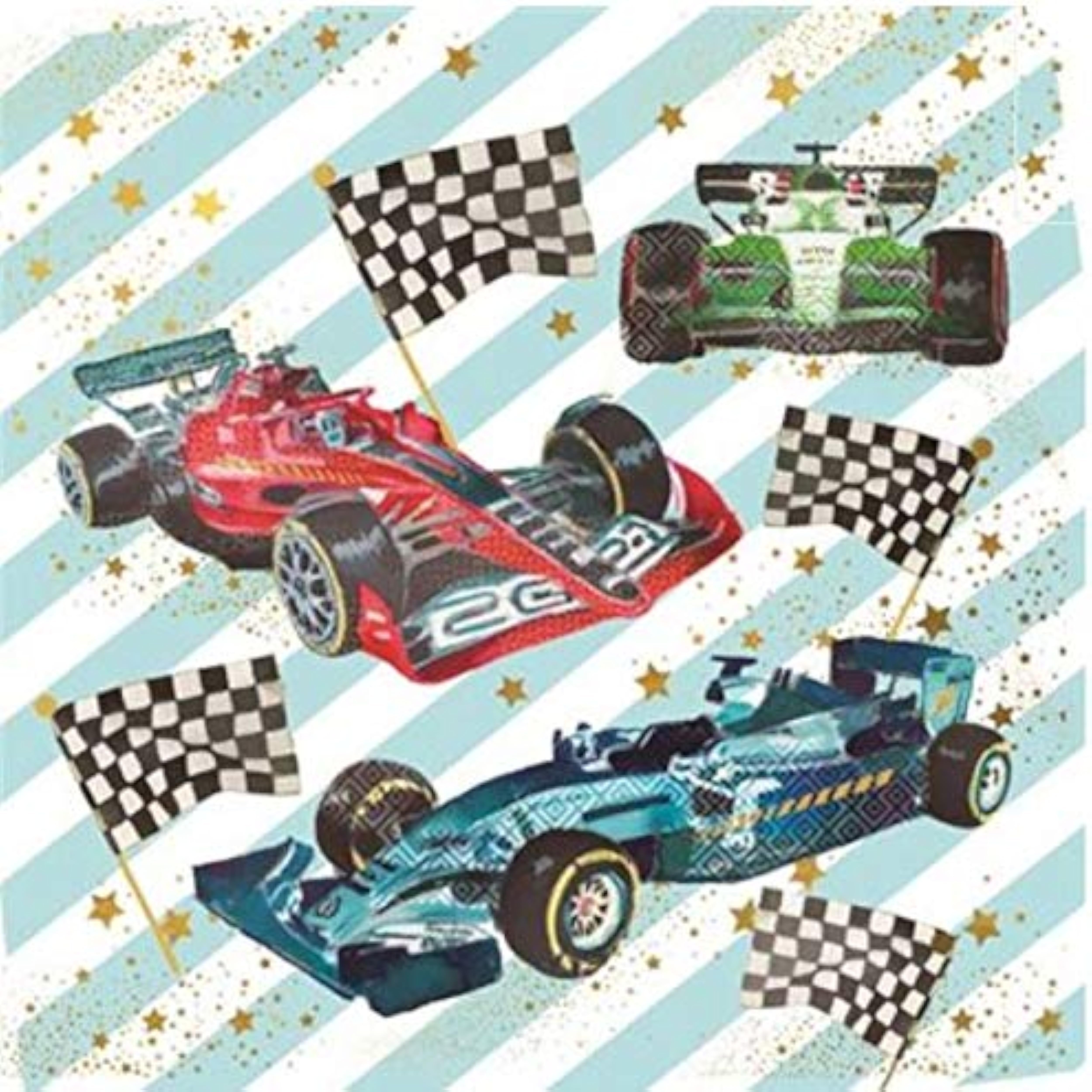 NQ Formula One F1 Race Cars birthday greeting card with colorful race car illustration on a white background.