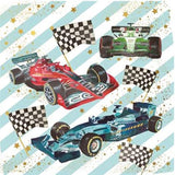 NQ Formula One F1 Race Cars birthday greeting card with colorful race car illustration on a white background.