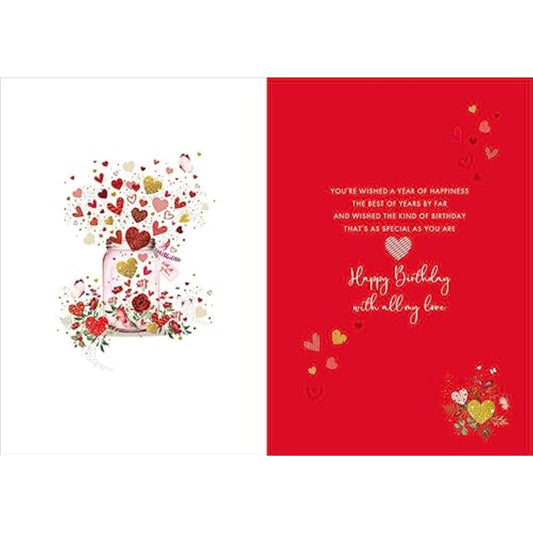 Love Hearts foil partner birthday greeting card by NQ with colorful heart designs and celebratory message.