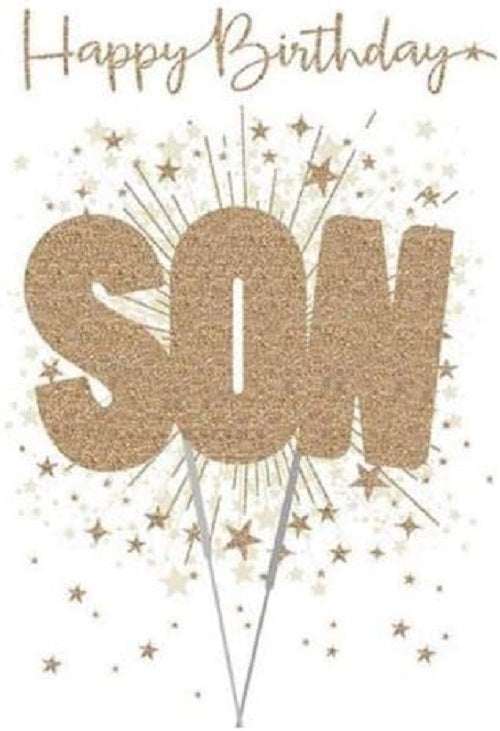 NQ Sparklers Stars Son birthday greeting card with colorful star designs and cheerful message, perfect for celebrating a special occasion.
