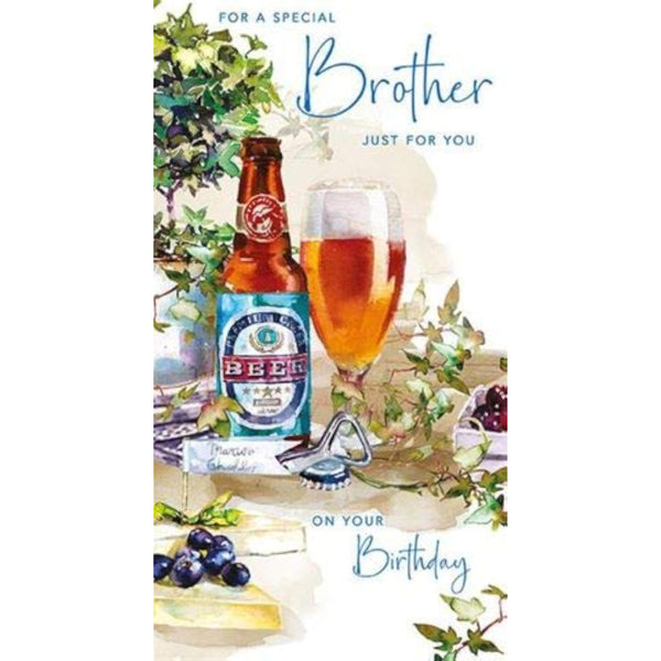 NQ Brother birthday greeting card with beer design, featuring festive illustrations and celebratory message for special occasions