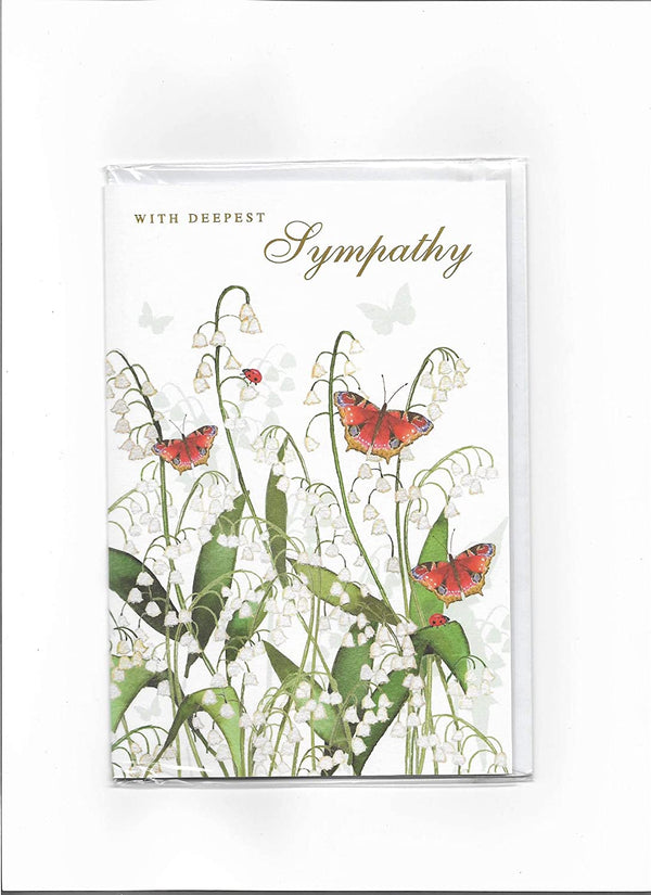 NQ sympathy greeting card featuring delicate butterflies and lily of the valley floral design on soft background.