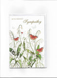 NQ sympathy greeting card featuring delicate butterflies and lily of the valley floral design on soft background.