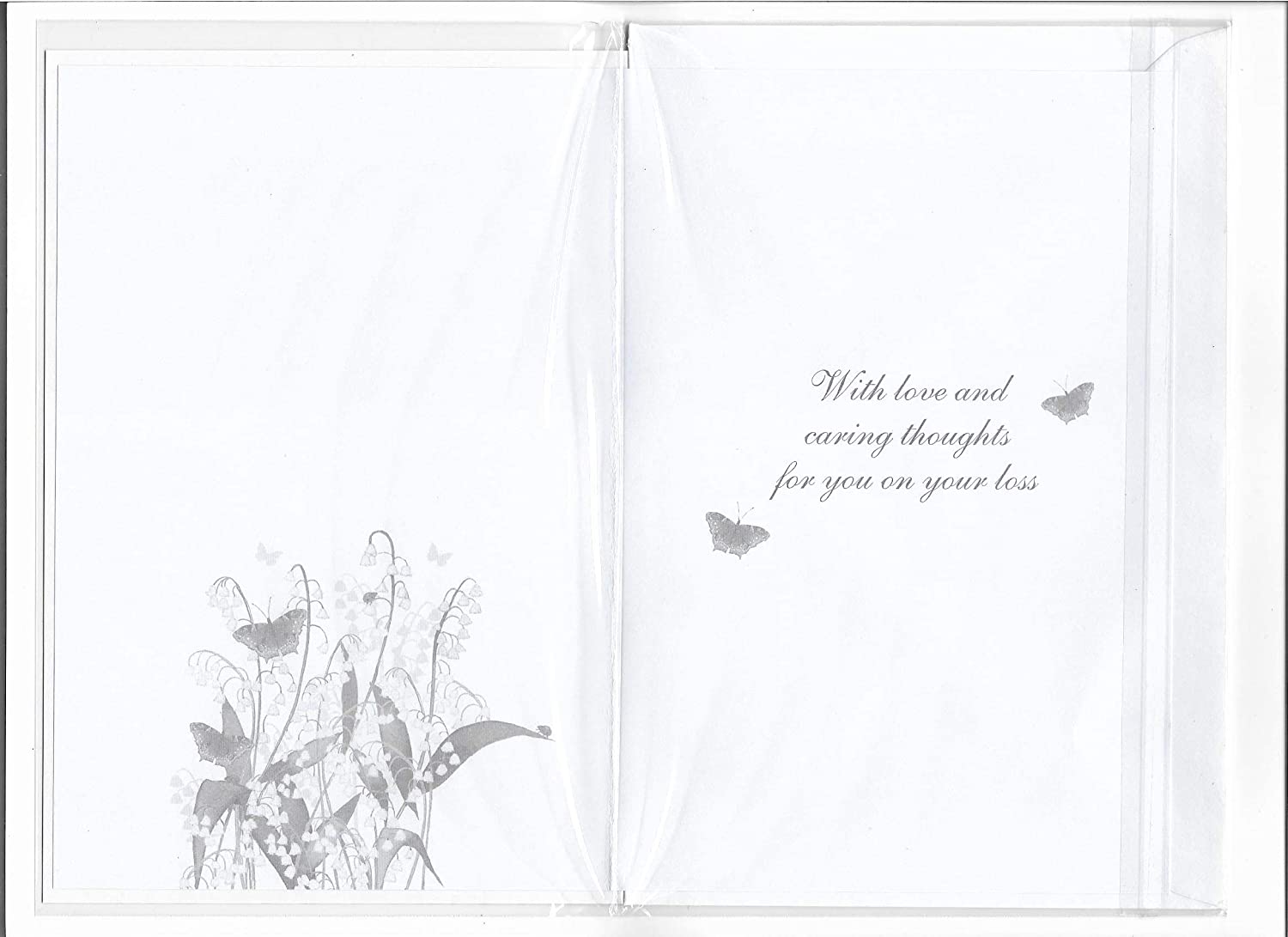 NQ sympathy greeting card featuring butterflies and Lily of the Valley floral design, suitable for expressing condolences.