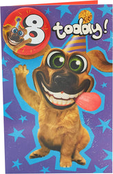 Wacky Dog Design 8th Birthday Card with Badge