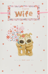 Boofle Birthday Card For Wife With Envelope - Cute Design Friends Holding Flower Bouquet