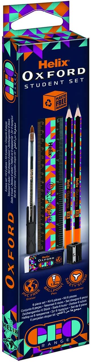 Oxford GEO Student Set in orange with geometric tools and stationery, perfect for school projects and learning activities.