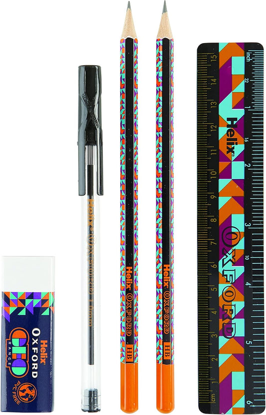 Oxford GEO Student Set in orange with geometry tools, pencils, and stationery arranged on a white background.