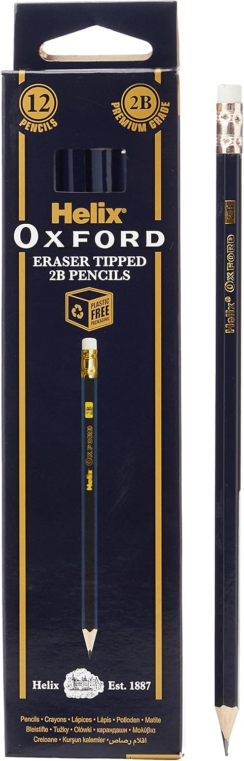 Pack of 12 Oxford Helix Oxford 2B grade graphite pencils with eraser tips, ideal for writing and sketching.